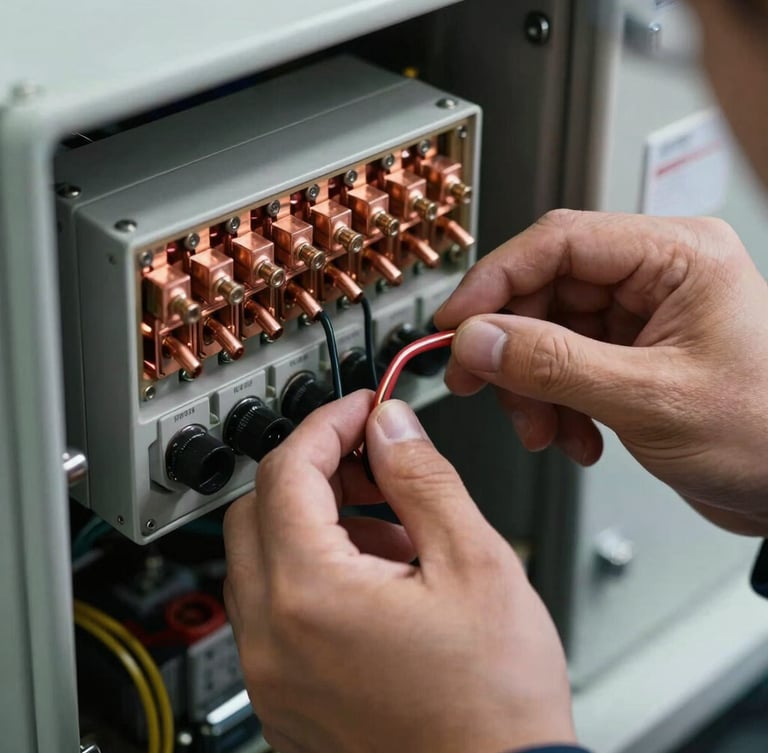 Close-up of a technician's hands wiring an industrial automation panel, high-contrast lighting highlighting copper terminals and slate-colored casing.