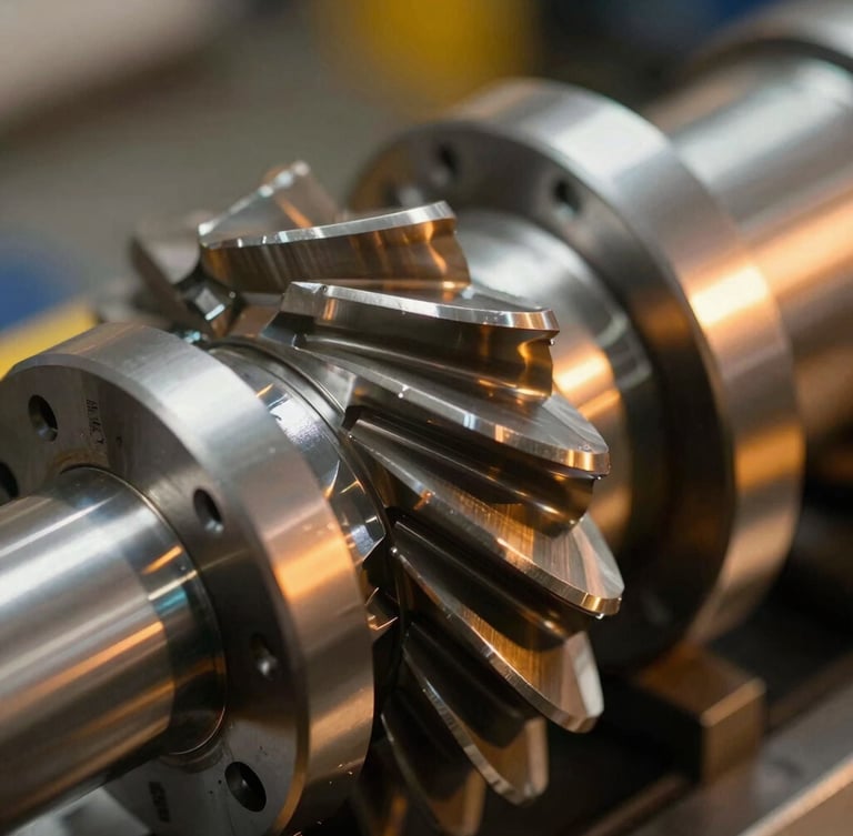 Extreme close-up of a high-precision CNC machined steel rotor assembly, sharp focus on metallic grooves, warm safety amber industrial lighting reflecting off the polished surface