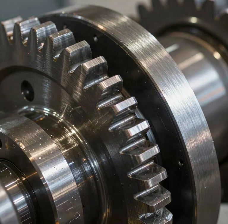 Extreme close-up of a machined steel gear component, high-contrast industrial lighting, natural shadows, precise technical details.