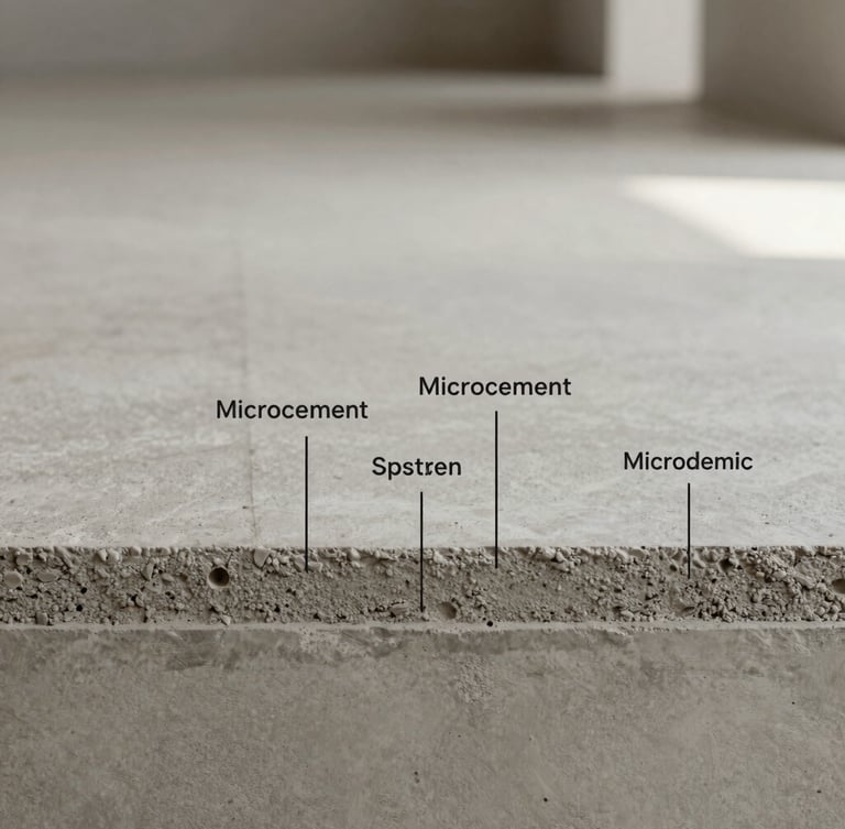 High-contrast architectural diagram showing the cross-section layers of a microcement system over concrete substrate, labeled with clean technical typography, soft side lighting, muted earth tones