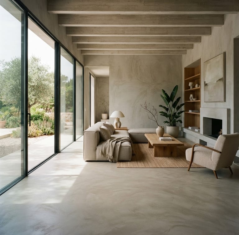 Wide architectural crop of a minimalist concrete villa living room with continuous microcement floors, soft directional natural daylight casting subtle shadows