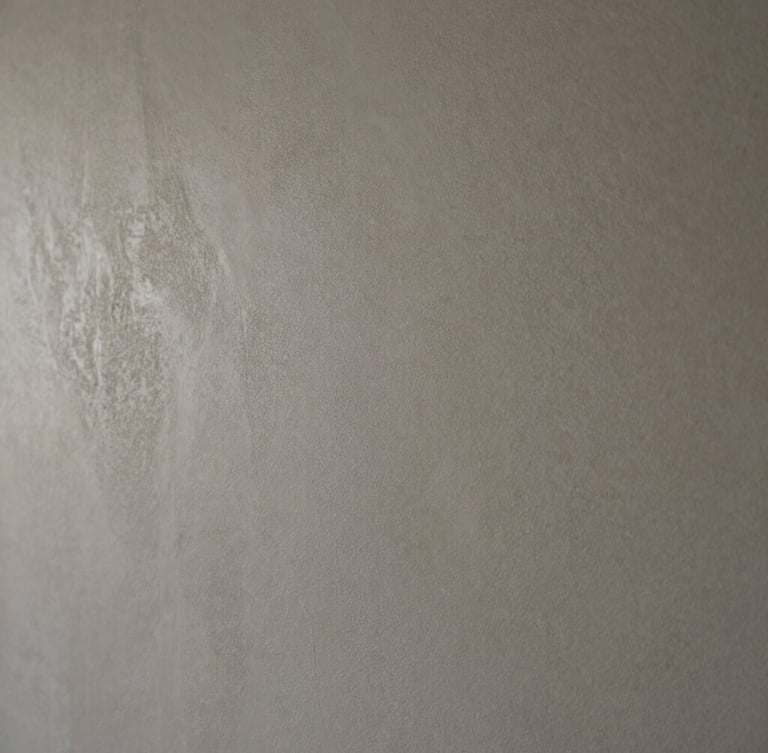 Close-up of hand-applied microcement texture showing subtle tactile depth, soft natural side-light highlighting the mineral grain, muted warm grey tones