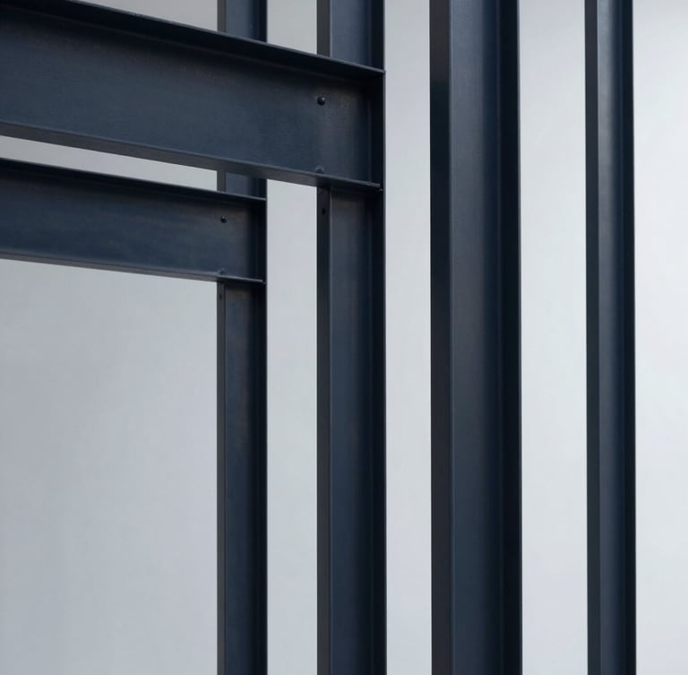 Minimalist architectural photography of clean steel structures, cool crisp studio lighting, sharp focus, 35mm