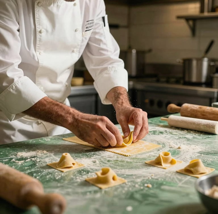 Warm editorial photography of Chef Fiorenzo Caponcelli preparing fresh handmade pasta in a professional Emilian kitchen, soft directional side lighting, rich earthy green tones, 35mm