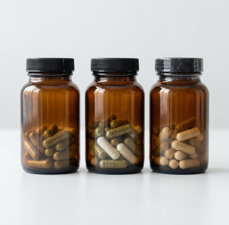 Clean, high-key studio photograph of three amber glass supplement bottles, diffused natural light, soft shadows, minimalist white background, medical white and deep forest green tones.