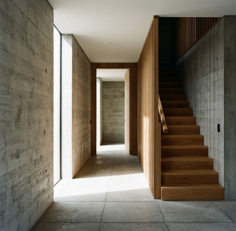 Straight-on architectural elevation of a concrete and oak interior, sharp daylight casting deep shadows across raw textures, 35mm photography