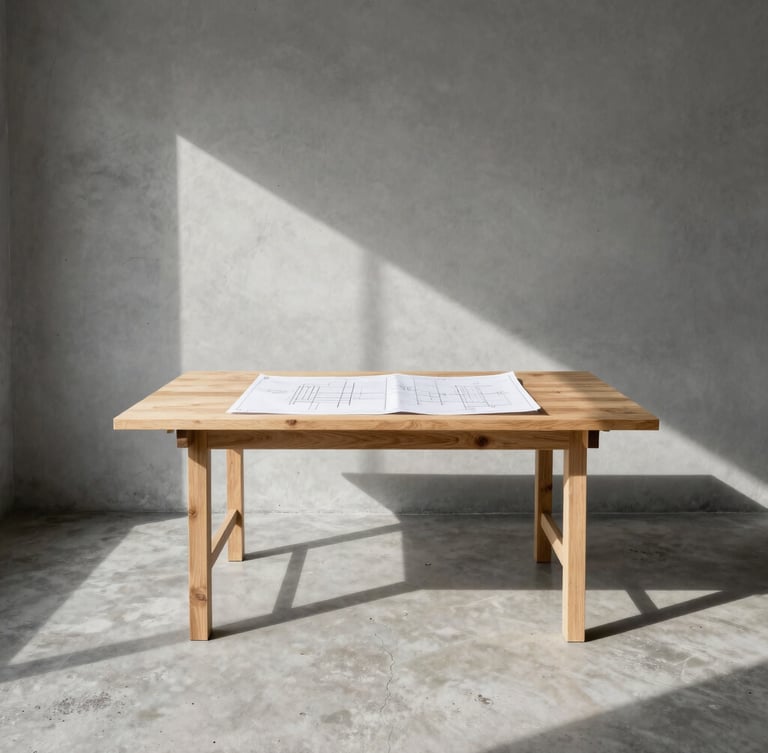Straight-on architectural elevation of a minimalist design workshop, raw concrete floor, large oak drafting table with technical blueprints, high-contrast directional daylight, 35mm