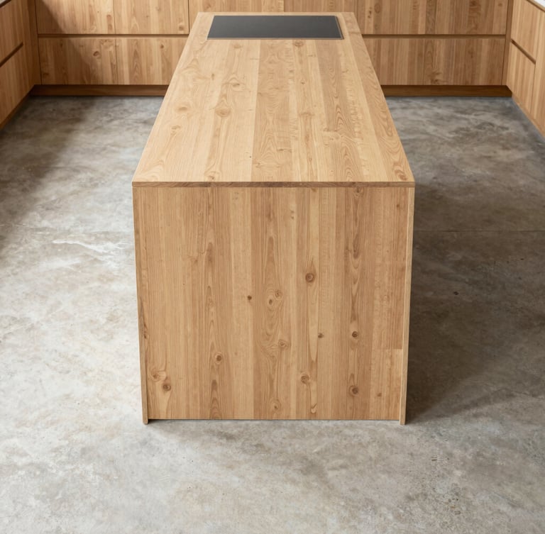 Straight-on architectural photograph of a finished minimalist oak kitchen island meeting a raw concrete floor, sharp daylight, 35mm