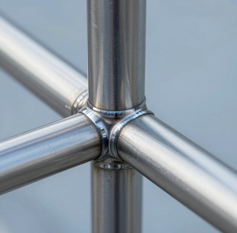 Close-up of clean stainless steel AISI 316 handrail joint, seamless invisible weld, satin brushed finish, cool industrial architectural lighting