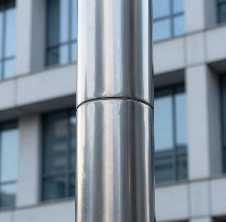 Vertical portrait-oriented architectural photograph of a sleek stainless steel column, seamless polished joints, reflections of modern concrete building, cold daylight