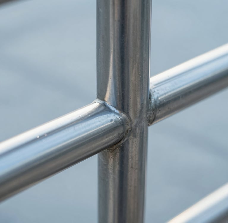 Macro industrial photograph of a perfectly polished stainless steel handrail joint, seamless connection, cool metallic reflections, sharp architectural lighting