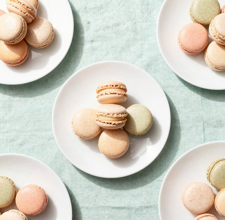 Overhead flat-lay of delicate pastel-toned macaron towers and clean white plates on a soft mint green linen tablecloth, bright natural daylight, minimalist composition, 35mm