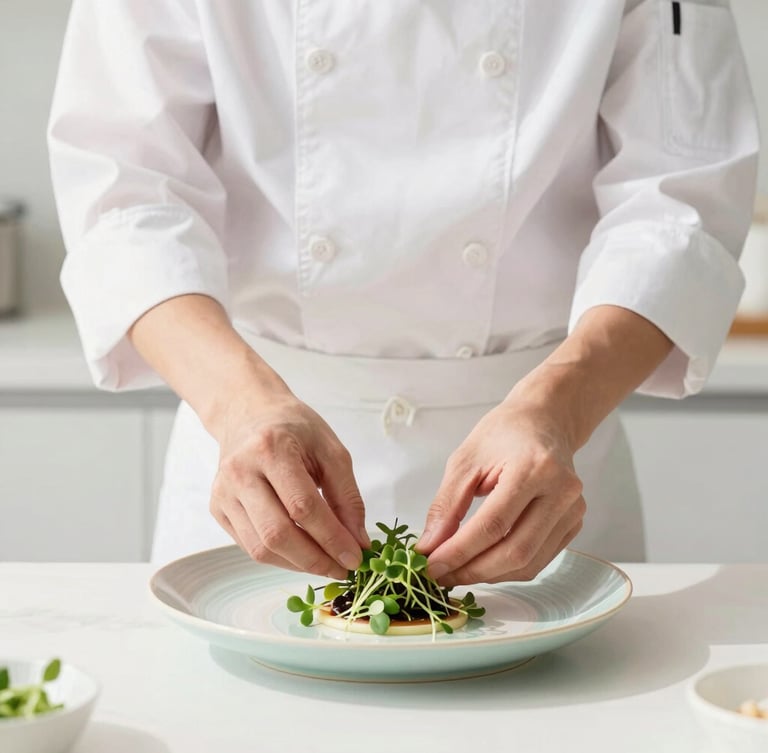 Bright high-key environmental photo, a professional chef in clean white coat carefully arranging delicate microgreens on a pastel-toned plate, soft natural daylight, minimalist kitchen background, 35mm