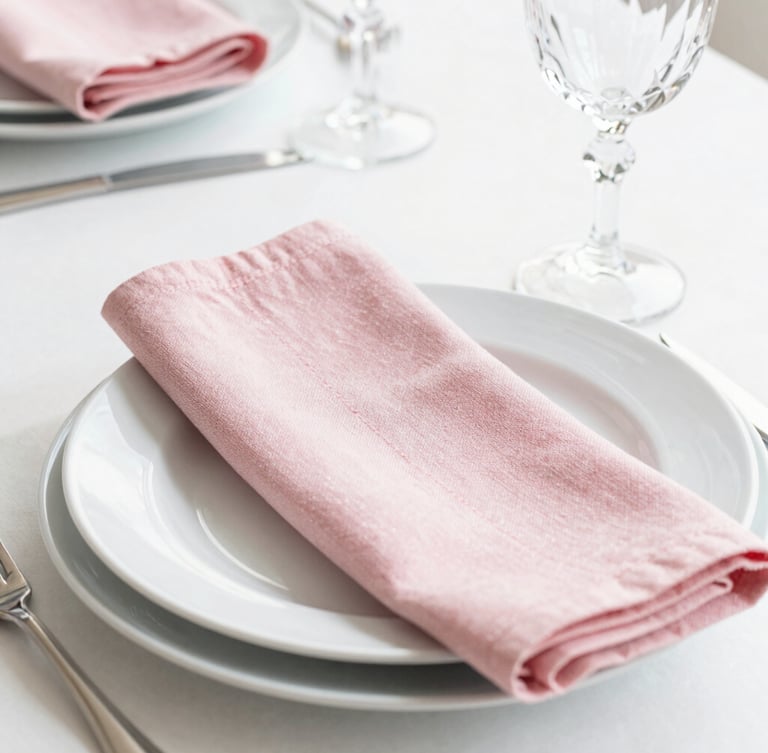 Close-up of a bright and airy table setting with delicate white porcelain, pastel pink linen napkins, and sparkling crystal glassware under soft natural daylight, 35mm