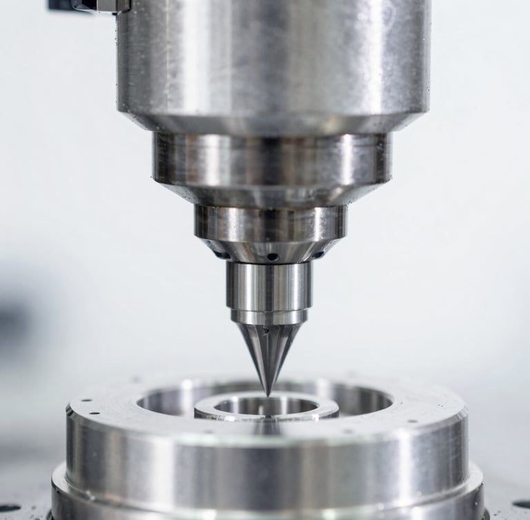 Sharp macro close-up of a high-precision CNC milling head cutting a gleaming aerospace alloy component, cool white studio lighting, bright high-key daylight, 35mm