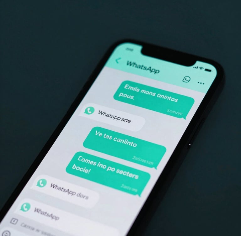 Macro view of a clean WhatsApp UI mockup on a dark smartphone screen, glowing cyan chat bubbles with natural Spanish customer dialogue, dark teal background.
