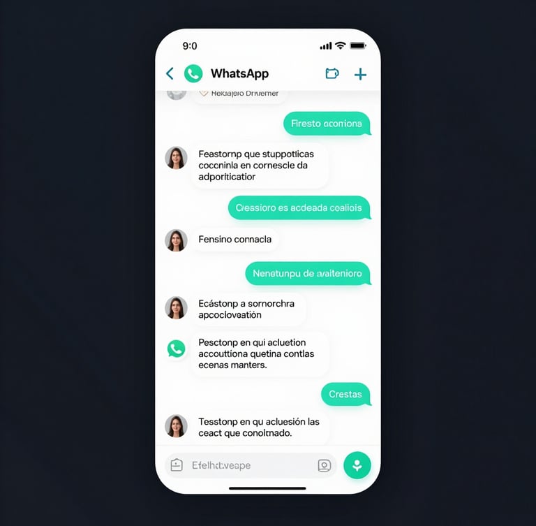 Minimalist UI mockup of a clean WhatsApp chat interface on a dark background, showing fluent Spanish messages between a customer and an AI agent about inventory availability, with glowing cyan accents.