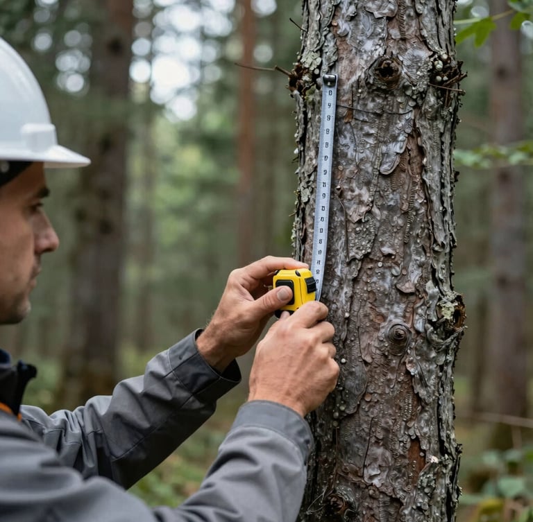 Close-up of a forestry engineer using a technical measuring tape on a thick tree trunk, overcast natural light, graphite gray tones, sharp focus, professional engineering photography