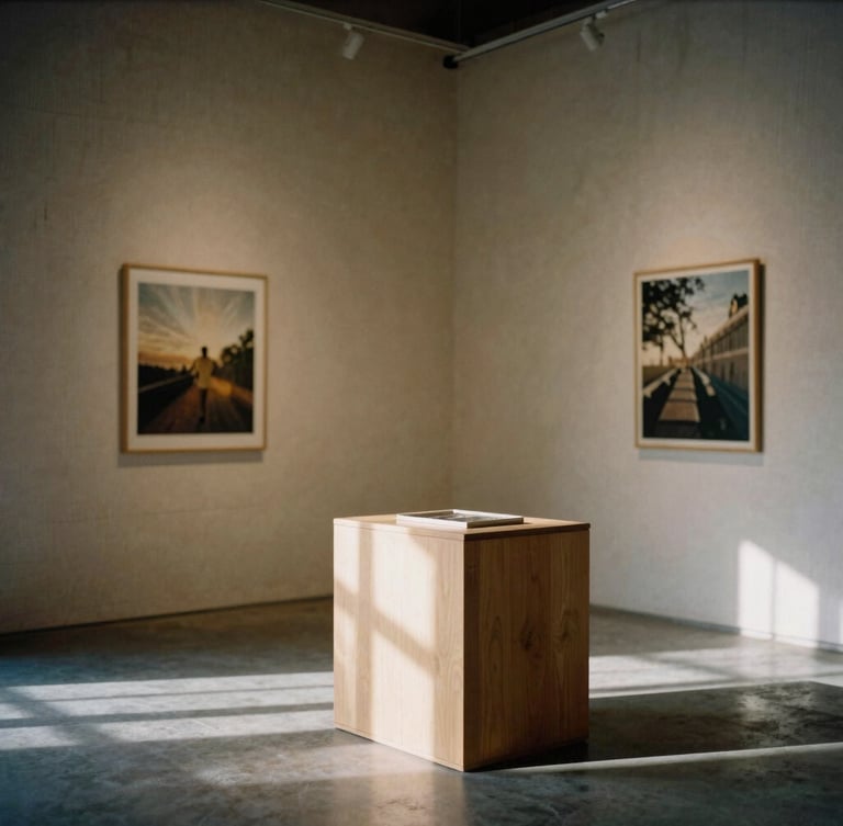 A wide-angle, minimalist physical gallery space with raw linen walls, soft north-facing daylight casting long shadows on a single wooden pedestal, warm editorial photography, shallow depth of field, 35mm film grain.