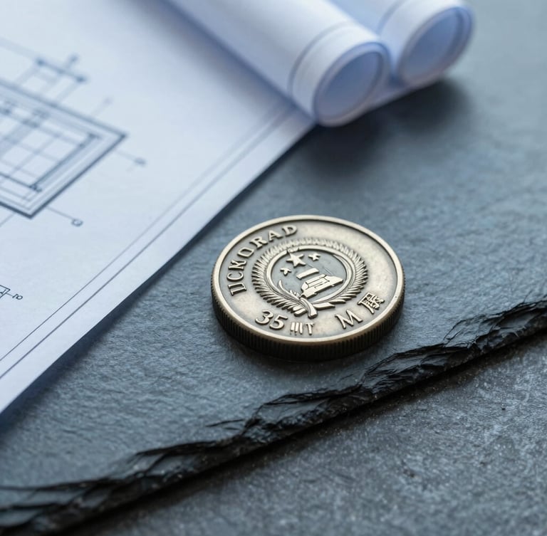 Macro detail of a technical blueprint and a legal seal on a slate desk, cool overcast daylight, desaturated blue tones, sharp focus, 35mm