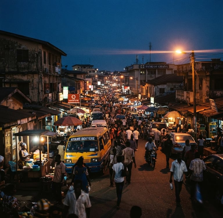 Cinematic wide-angle film still of Accra streets at dusk, low-key warm lighting, anamorphic lens flare, 35mm grain, rich shadows.