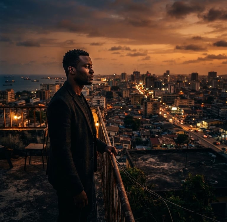 Anamorphic film still of a character looking out over Accra at dusk, low-key lighting, warm orange tones, 35mm grain.