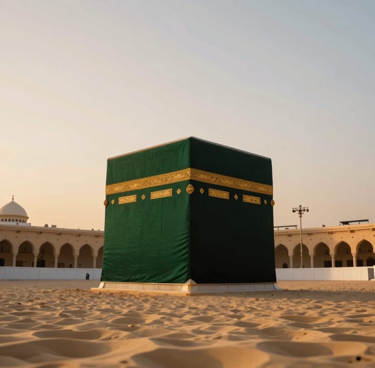 Serene editorial photography of the Kaaba at soft golden hour dawn, wide environmental shot conveying immense scale and peaceful reverence, 35mm shallow depth of field