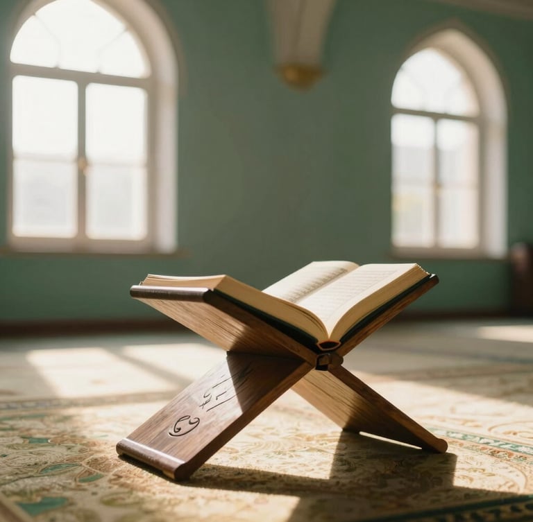 An open Quran on a polished wooden stand inside a serene, sunlit room, soft morning light streaming through arched windows, shallow depth of field