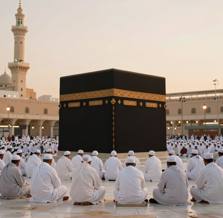 Serene environmental shot of the Kaaba from a respectful elevated distance at soft golden hour, pilgrims in white Ihram in quiet contemplation, warm ambient light, 35mm