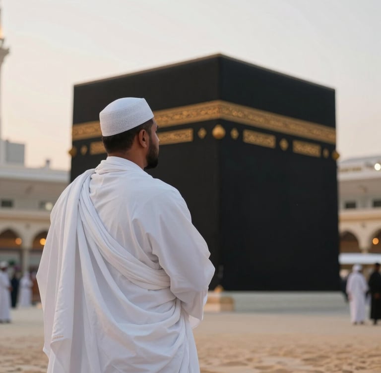 Serene environmental portrait of a pilgrim in white Ihram looking towards the Kaaba at soft dawn light, shallow depth of field, 35mm