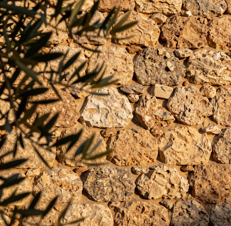 Tactile close-up of traditional Mallorcan stone walls, dry stone masonry technique, olive branches in the foreground, warm late-afternoon Mediterranean sun