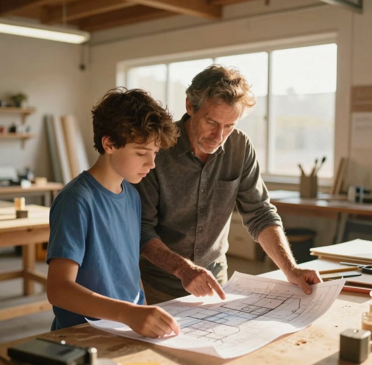 A candid medium shot of a mentor and teenager looking over architectural blueprints together in a bright, sunlit community workshop space, warm golden-hour tones, 35mm.