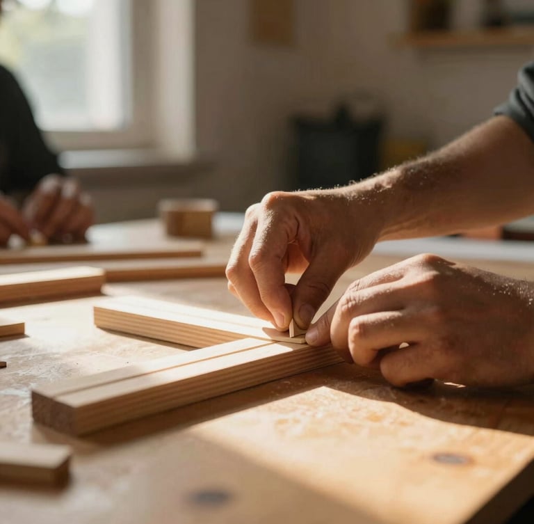 A close-up of hands working together on a physical wooden assembly project during a hands-on community workshop, warm natural daylight pouring in from a side window, shallow depth of field.