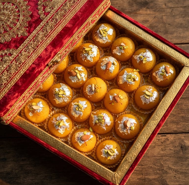Overhead flat-lay of a heavy textured crimson and gold gift box, half-open to reveal glistening syrup-soaked Rajbhog topped with delicate silver leaf, warm golden-hour side light