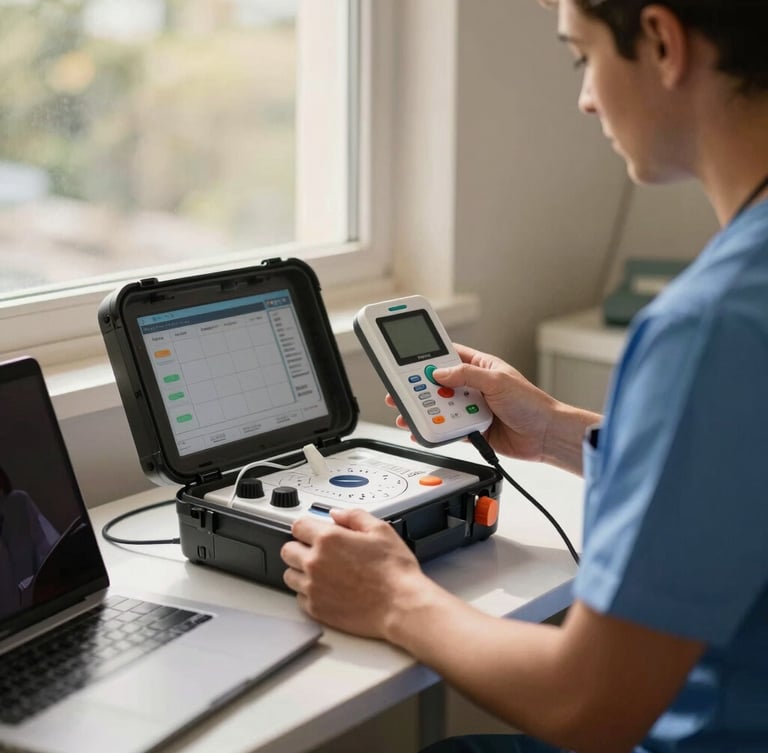 A medical operator in Luanda using a portable diagnostic kit, holding a compact monitoring device connected to a laptop, warm afternoon light streaming through a window.