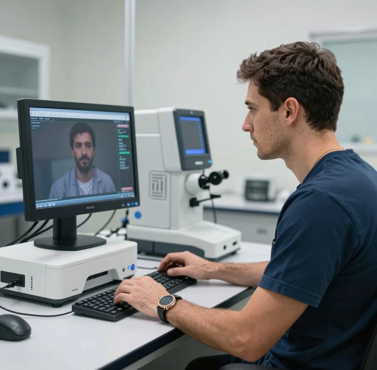 Un ingeniero biomédico calibrando un dispositivo de monitoreo remoto en un taller limpio y luminoso.