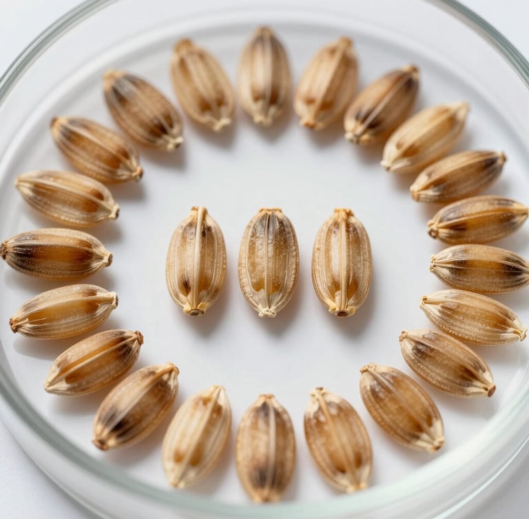 Extreme macro shot of golden wheat seeds aligned symmetrically on a sterile white lab dish under bright clinical lighting