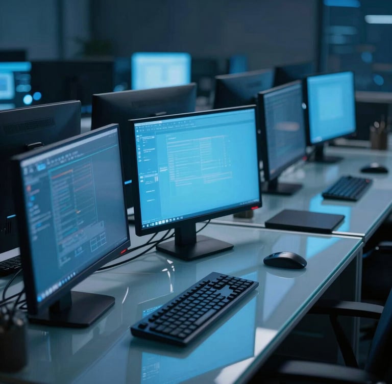 A dimly lit collaborative workspace with glowing monitor screens reflecting cool blue light on a clean glass desk, cinematic depth of field.