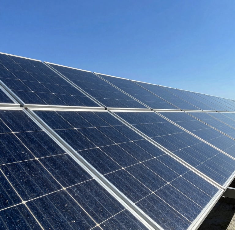 A close-up architectural shot of sleek monocrystalline solar panels reflecting a clear blue sky, bright direct sunlight, sharp high-contrast details
