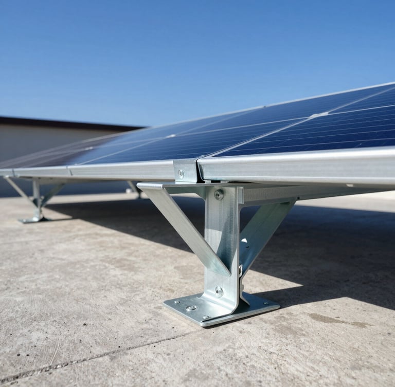 A close-up technical shot of heavy-duty aluminum solar mounting brackets anchored to a concrete roof, gleaming under intense midday sun with sharp shadows.