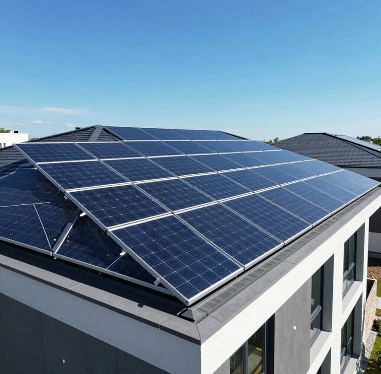 Sleek modern residential rooftop with premium geometric monocrystalline solar panels reflecting a bright blue sky, high-angle architectural drone photography, sharp sunlight.