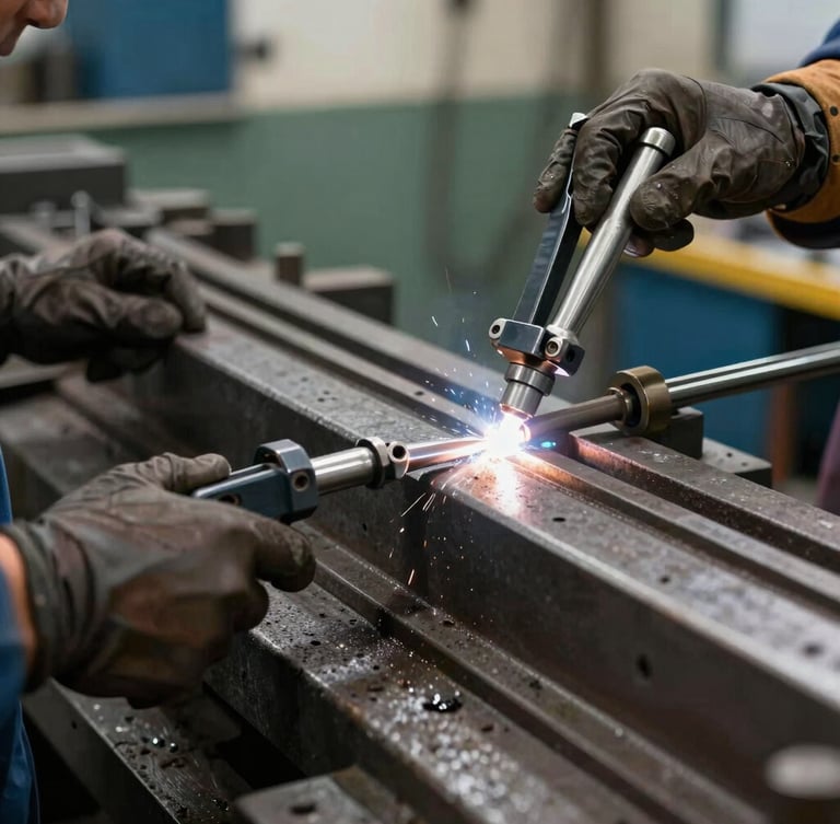 Fotografia técnica em plano fechado de um gabarito de soldagem industrial em aço maciço, com detalhes de usinagem e grampos pneumáticos de alta pressão.