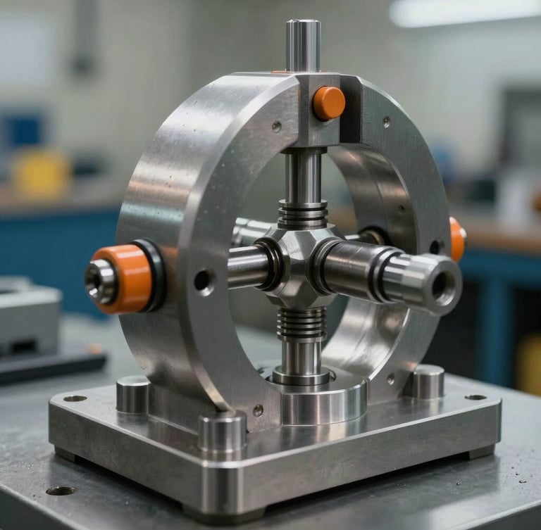 Macro shot of a heavy-duty pneumatic toggle clamp mounted on a precision-milled steel base, subtle orange safety accents, cold industrial workshop lighting with reflections on steel.