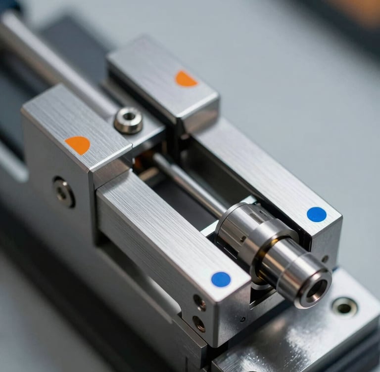 Macro shot of a high-precision mechanical clamping device, steel surfaces with subtle machining lines, blue and orange safety markings, technical lighting, orthographic angle.