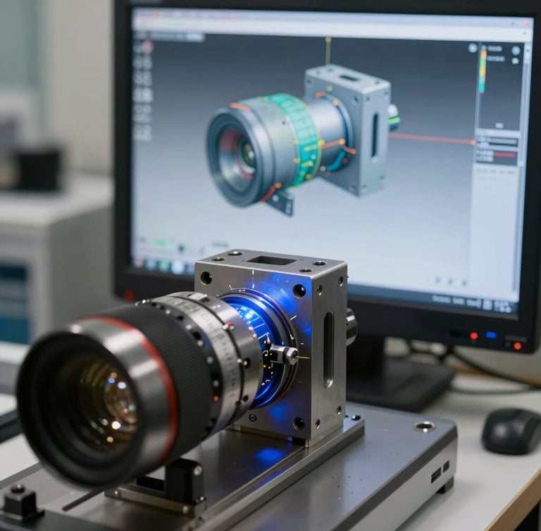 A technical inspection area showing a physical metal component aligned with its digital CAD model on a screen, blue light highlighting the precise measurement points.