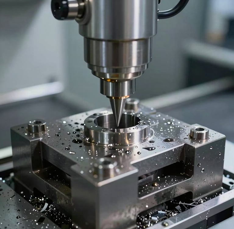 Close-up of a custom hydraulic clamping block on a CNC machining center, metal shavings and coolant fluid droplets, sharp focus on the locating nest.
