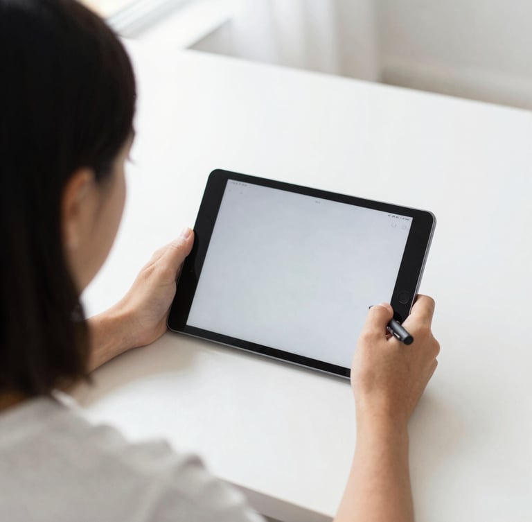 Over-the-shoulder shot of a focused student writing on a tablet screen, bright natural daylight, clean minimalist desk, 35mm