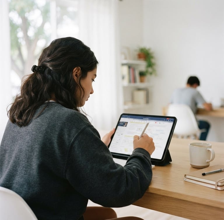 A focused high school student using a tablet in a bright, minimalist study space, soft natural daylight, over-the-shoulder shot, 35mm photography