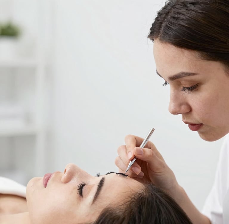 Clean profile shot of a lash artist meticulously applying lash extensions to a client, showing focused precision and clean isolation, bright studio lighting, modern studio interior with generous negative space, crisp detail.