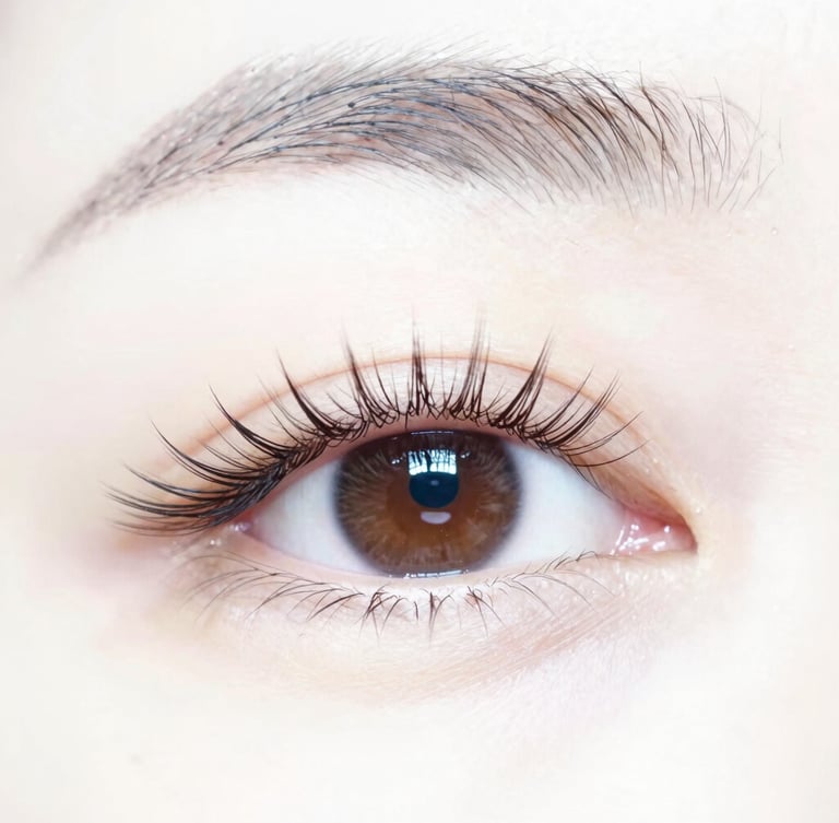 Extreme close-up, macro photography of a single lash extension perfectly isolated on a natural lash, bright studio lighting, crisp detail, minimal white background, 85mm